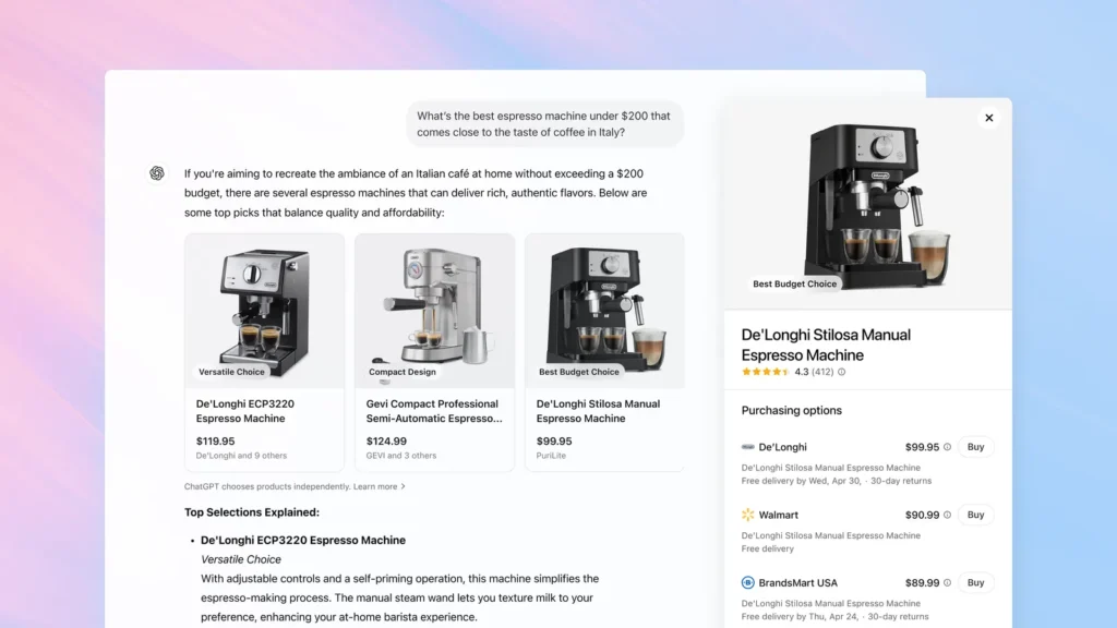 ChatGPT içerisinde espresso makineleri aranıyor. Görsel: OpenAI