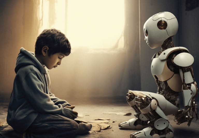 How-Ai-Can-impact-childhood-loneliness Bu sembolik kompozisyon, teknolojinin çocuk güvenliği üzerindeki potansiyel etkilerini ve beraberinde getirdiği etik tartışmaları yansıtmaktadır.