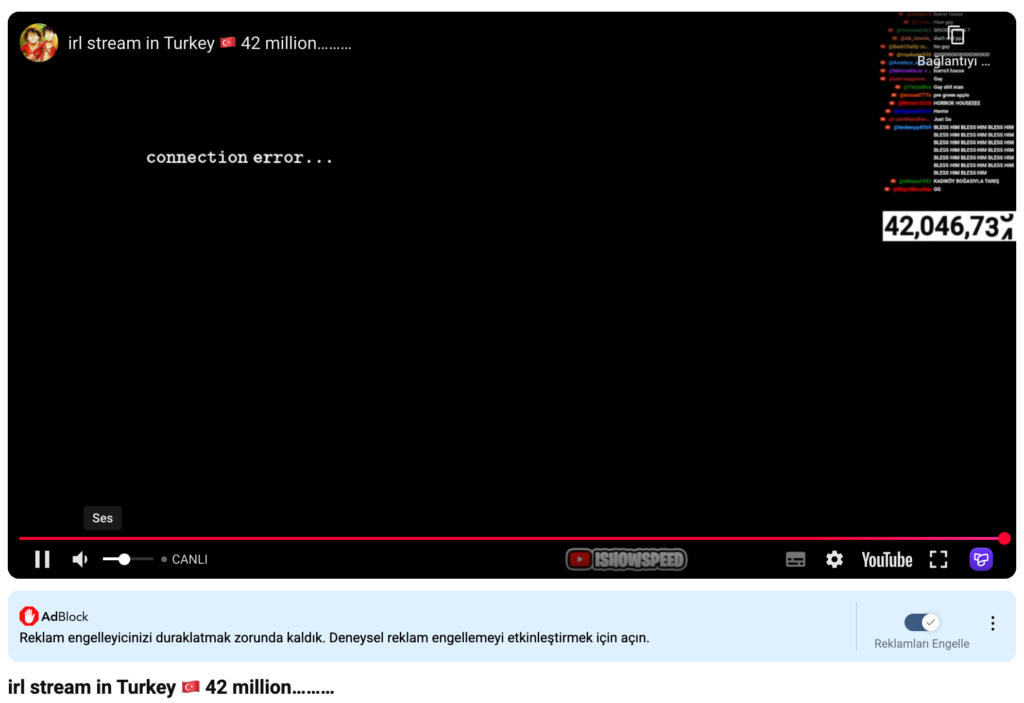 iShowSpeed canlı yayınında internet sorunu yaşandı ve sık sık yayın kesildi.