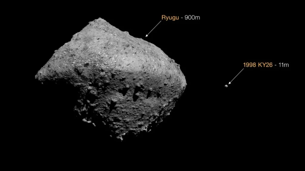 Hayabusa2 uzay aracının 2020'de ziyaret ettiği Ryugu asteroiti ile bir sonraki hedefi olan 1998 KY26 asteroiti arasındaki boyut karşılaştırması.