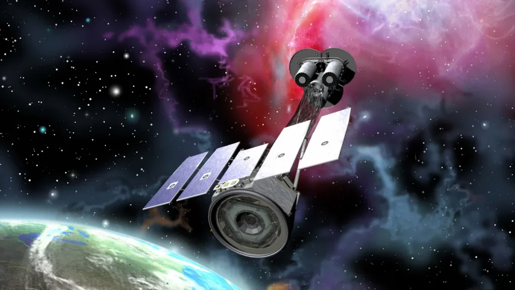 Bir sanatçının IXPE gözlemevini uzayda tasvir eden çalışması.(Görsel kaynağı: NASA)