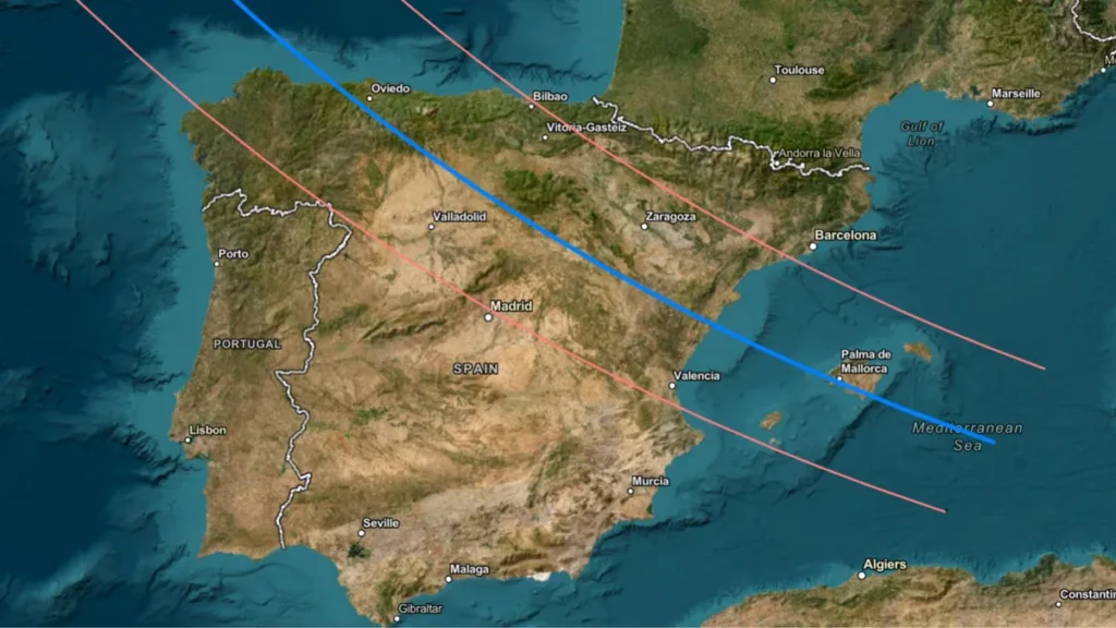 İspanya üzerinden geçen tam güneş tutulmasının yolu.