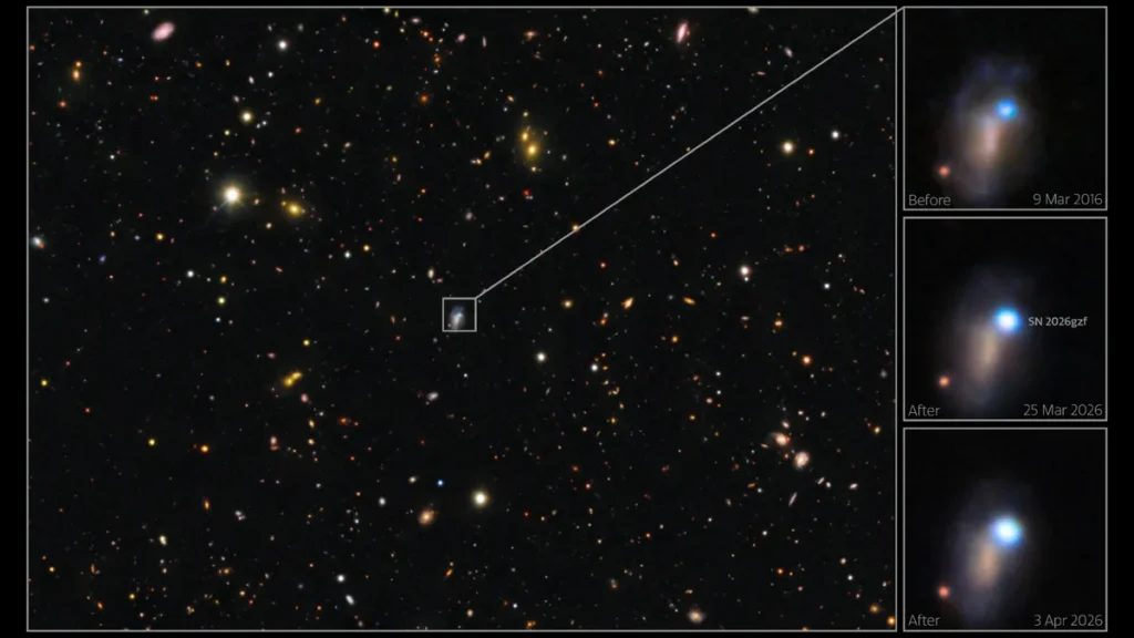 Vera C. Rubin Gözlemevi'ndeki LSST Kamerası tarafından çekilen, süpernova SN 2026gz'ye ev sahipliği yapan galaksiyi içeren uzay bölgesinin yakın çekim görüntüsü.