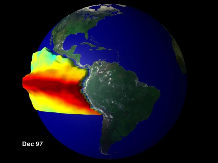 El Niño sırasında deniz yüzeyi sıcaklık anomalisini gösteren küresel harita