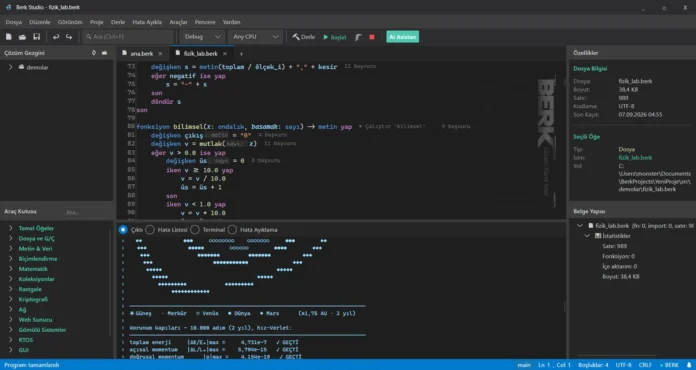 Berk Studio geliştirme ortamında BERK dili ile yazılmış kod