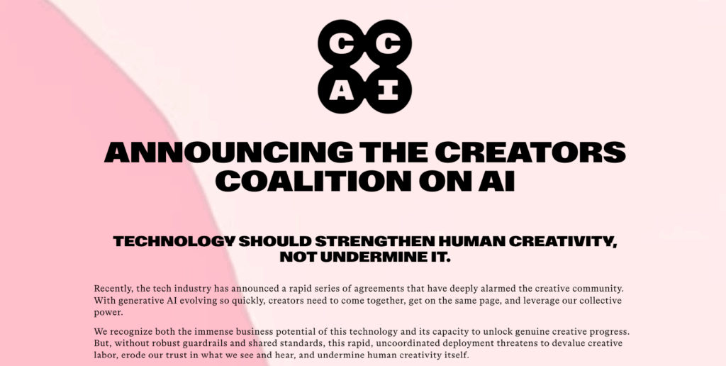 Hollywood Yapay Zeka Yaratıcıları Koalisyonu olarak kendini adlandıran oluşum ilk metnini web sitesinde "YAPAY ZEKÂ YARATICILAR KOALİSYONU'NU DUYURUYORUZ" diyerek ilan etti.