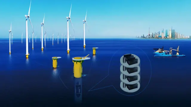 Rüzgar enerjisiyle çalışan su altı veri merkezi tasviri.