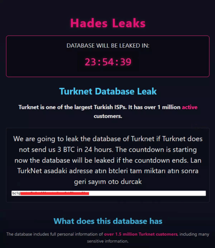 Türknet hack olayının yaşandığı tarihte hades_hgs verilerin dağıtılmaması karşılığında 24 saat içinde 3 BTC talep etmişti.