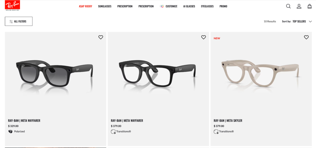 Meta Ray-Ban akıllı gözlükler firmanın sitesinde 299 dolardan başlayan fiyatlarla satışa sunuluyor.